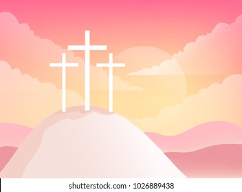 Three Crosses on Golgotha Mountain. Christian Easter Vector Illustration.