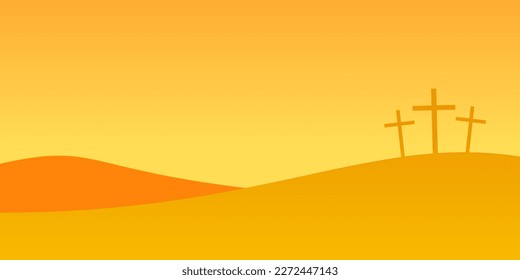 Three crosses on Golgotha Mountain.  Easter concept vector  illustration with crosses on Calvary Hill at sunset.