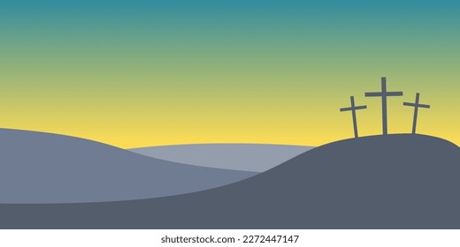 Three crosses on Golgotha Mountain.  Easter concept vector  illustration with crosses on Calvary Hill at sunset.