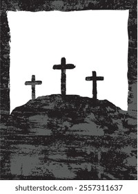 Three Crosses on a Hill with Brush Strokes and Grunge Texture. Religion and belief, history and legends vector art