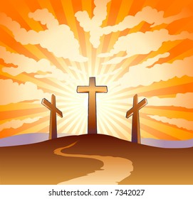 Three crosses on a hill with clouds with sunburst background
