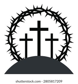 Three crosses on hill with crown of thorns symbol christianity easter religion icon
