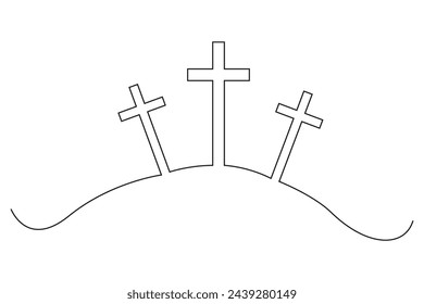 Three crosses on hill silhouette. Religious symbol group. Calvary scene illustration. Vector illustration. EPS 10.