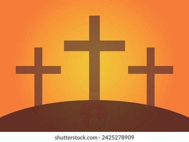 Tres cruces en una montaña al atardecer o al amanecer.