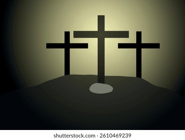 Three crosses on the mountain with holy light