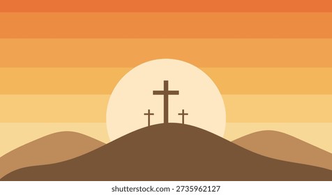 Three crosses silhouetted against a large sun and striped sky at sunset