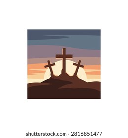 Three crosses silhouetted against a sunset sky, representing faith and hope.