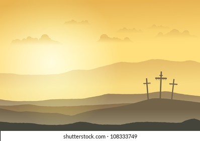 Three crucifixion cross standing on top of the hills.