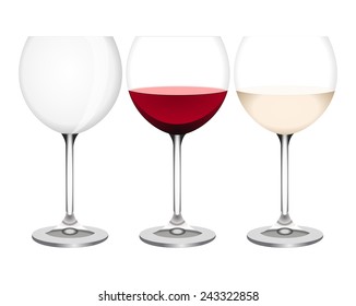 Three crystal glasses collection. Group of empty wineglass, red wine glass and white wine glass. Drink concept, vector art image illustration, realistic graphic design, isolated on a white background 