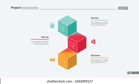 Three cubes process chart slide template. Business data. Stage, diagram, design. Creative concept for infographic, presentation. Can be used for topics like management, strategy, training.