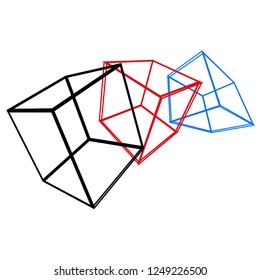 Three cubes in wireframe style are drawn in black, red and blue lines, isolated on a white background - Vector