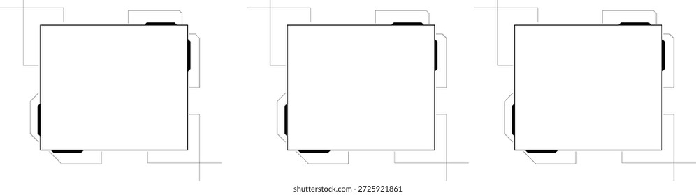 Tres edificios en forma de cubo se muestran en un diseño de vista superior. Cada edificio tiene un techo plano y se coloca en una formación cuadrada para una planificación clara.