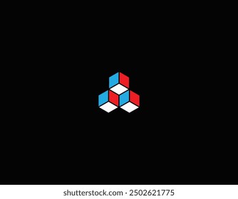 Three cubic elements form a triangle. Blue, Red and white colors. Geometric graphic design element. Corporate logo. Strong and solid concept. Play button app. Isometric block. Vector illustration.