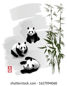 Three cubs of a big panda. The stalks of bamboo. Hieroglyph - Friendship. Vector illustration in traditional oriental style.