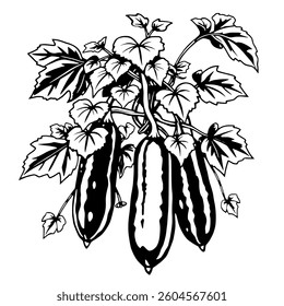 Three Cucumbers Hanging From Vine With Lush Leaves