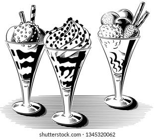 Three cup with various flavors of ice cream, in black and white vector.