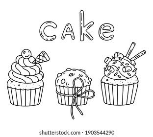 Three cupcakes black and white vector illustration.