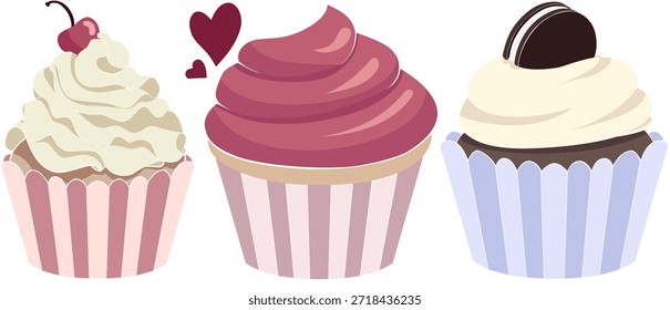 Tres cupcakes con vainilla de cereza, crema de fresa y conjunto de Arte vectorial aislado de glaseado de galletas 'n cream