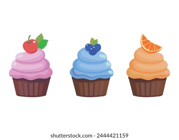 tres cupcakes con diferentes colores y fruta en la parte superior