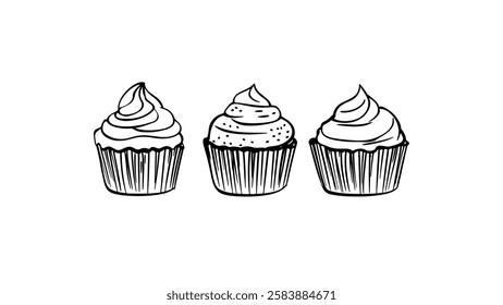 Three cupcakes illustration. Cream topping and decorative sprinkles feature. Ideal food blog bakery design element. Hand-drawn sketch style