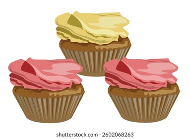 Three cupcakes isolated on white background