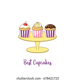 Three cupcakes on a stand isolated on a white background. Vector illustration.