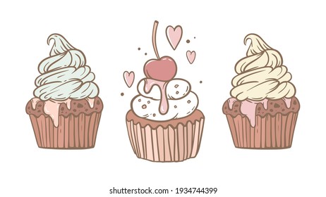 Three cupcakes on a white background. Decorating with cream, nuts, chocolate ganache, and cherries. Festive dessert, pastries. Vector illustration in a hand-drawn style. Design of stickers, banner.