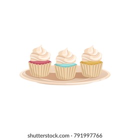 Three cupcakes with whipped cream. Colored and tasty muffins on a plate. Concept of delicious dessert. Cartoon flat vector design for menu, flyer, poster, banner