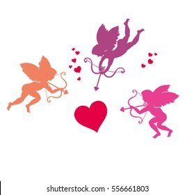 Three cupid and heart. Vector silhouette template.