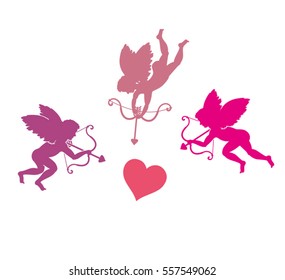 Three cupid and heart. Vector silhouette template.
