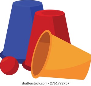 Three cups with ball magic illusion stuff. Shell game, focus trick. Equipment performance circus show. Vector flat illustration isolated on white background. Magician props