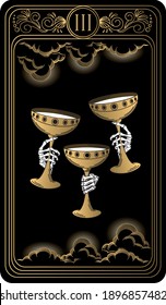 Three of cups. Card of Minor arcana black and gold tarot cards. Tarot deck. Vector hand drawn illustration with occult, mystical and esoteric symbols.