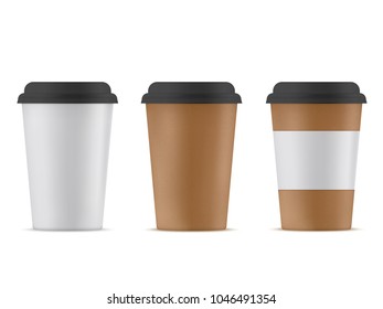 Three cups of coffee with black lids. 3D mockup coffee.