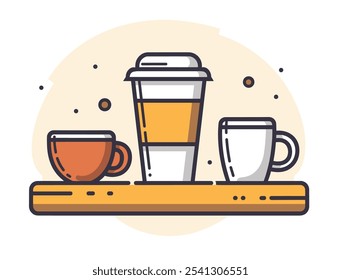 Three cups and a coffee cup are on a wooden shelf. The cups are of different sizes and colors, and the coffee cup is yellow. Concept of warmth and comfort