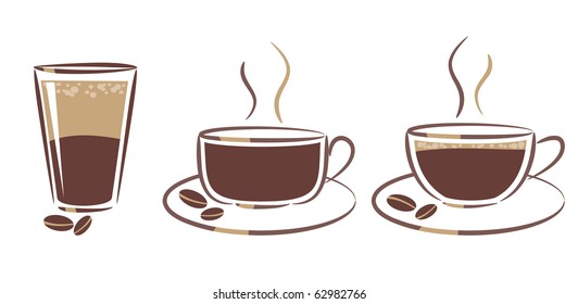 three cups of coffee: espresso, cappuccino, latte