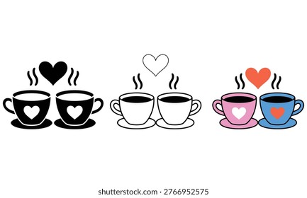 Three cups of coffee with hearts and love symbols floating above