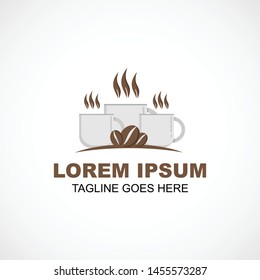 three cups of coffee logo vector with coffee beans below