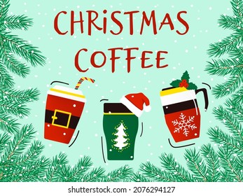 Tres tazas de café sobre el fondo de ramas de pino. Cartel de Navidad. Ilustración vectorial aislada.