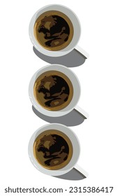 Three cups of coffee pattern isolated on white background top view