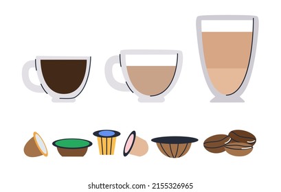 Three cups of different coffee. Capsules for coffee machines and three coffee beans. Set of flat vector illustration. Eps10