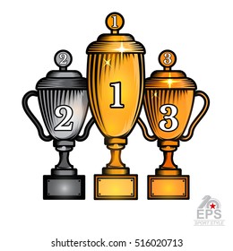 Three cups first gold, second silver and third place bronze. Vector sport logo isolated on white for any team or competition