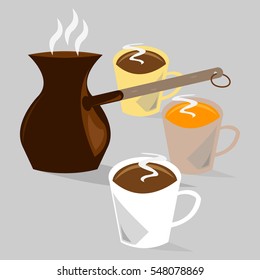 Three cups of hot coffee and coffee pot