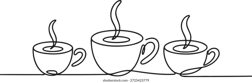 Três xícaras de chá quente ou café com vapor em um desenho de linha. Ilustração minimalista do vetor do conceito da bebida do café. Linha contínua de arte de canecas a vapor. Resumo simples para marca de restaurante e temas de café da manhã matutino. Esboço de bebida elegante para decoração de parede e gráficos de cozinha.