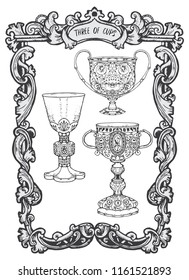 Three of cups. Minor Arcana tarot card. The Magic Gate deck. Fantasy engraved vector illustration with occult mysterious symbols and esoteric concept