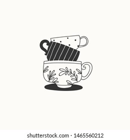 Three cups  Stack tea cups  Various ornament  Simple logo  Minimalistic design  Outline doodle drawing  Hand drawn black trendy vector illustration  Flat design  Vintage style