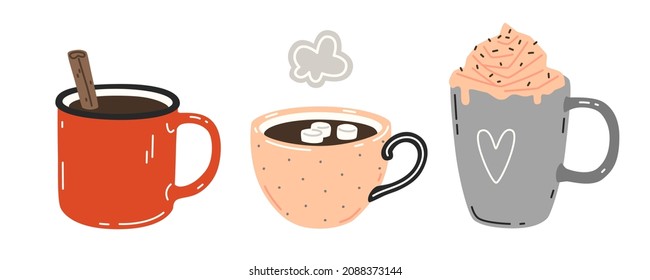 Tres tazas de bebidas calientes. Conjunto de ilustraciones planas vectoriales