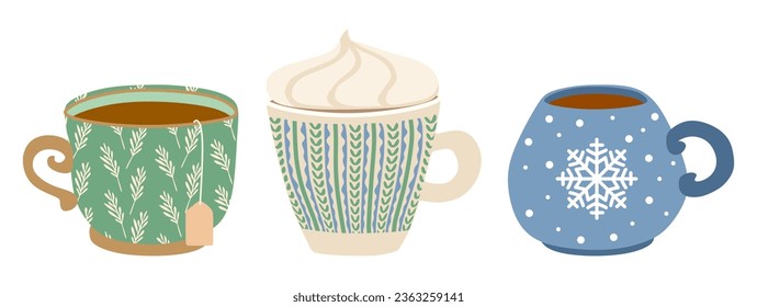 Three cups of warming drinks. Set of vector flat illustrations isolated on white. Winter Hot Chocolate, Coffee, Cocoa beverage in mugs with Christmas decoration. Holiday card template, Poster, print.