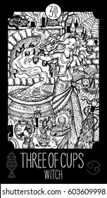 Three of cups. Witch. Minor Arcana Tarot card. Fantasy line art illustration. Engraved vector drawing. See all collection in my portfolio set.