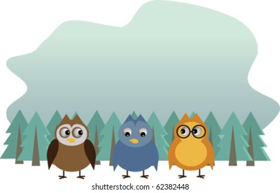 Three curious owls in the forest