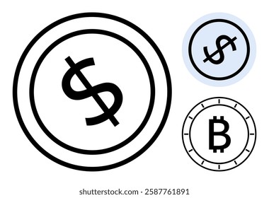 Three currency symbols dollar sign, international currency, and Bitcoin. Ideal for financial apps, digital marketing, currency exchange, investment guides, cryptocurrency blogs, educational